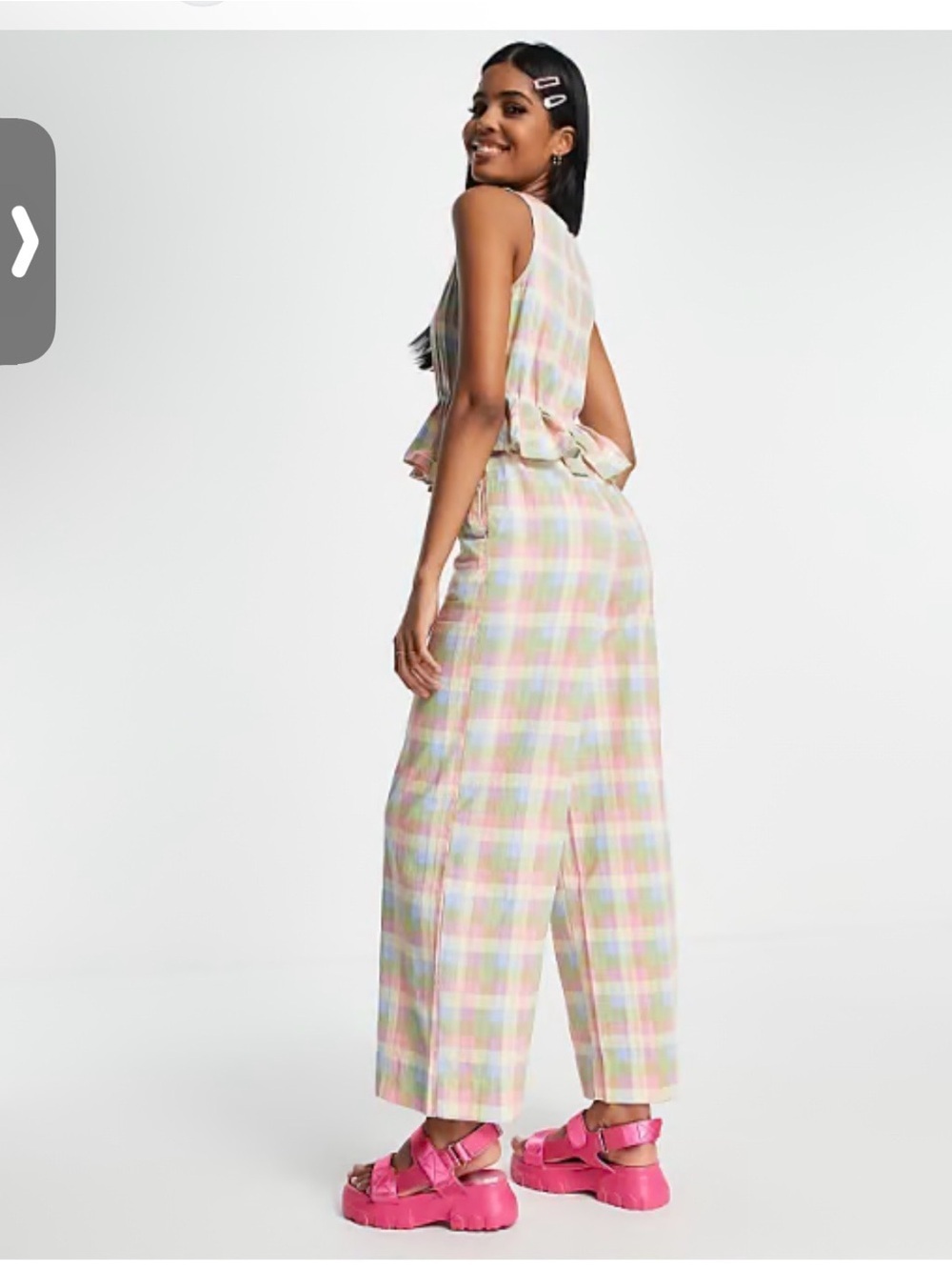 Monki Pastel Plaid Ruffle-Waist Wide-Leg Jumpsuit Size medium - Picture 4 of 11